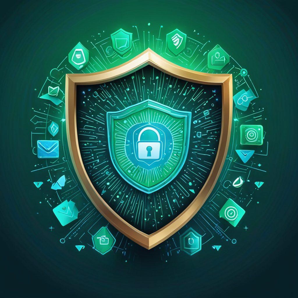 A digital illustration showcasing a shield made of email envelopes representing protection, with a glowing lock symbolizing data privacy. Surrounding the shield, vibrant icons of communication tools and user confidence, such as thumbs-up and checkmarks. The background is an abstract blend of blue and green tones, radiating a sense of security and trust. vector art. vibrant colors.
